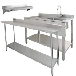 KuKoo 6ft Stainless Steel Catering Bench, Stainless Steel Sink - Left Hand Drainer & 2 X Wall Mounted Shelves