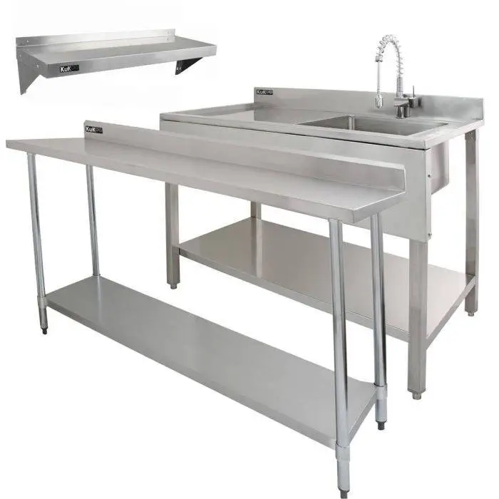 KuKoo 6ft Stainless Steel Catering Bench, Stainless Steel Sink - Left Hand Drainer & 2 X Wall Mounted Shelves 3 KuKoo 6ft Stainless Steel Catering Bench, Stainless Steel Sink - Left Hand Drainer & 2 X Wall Mounted Shelves
