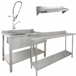 KuKoo Commercial Sink & Pre-Rinse Tap - Right Hand Drainer, 6ft Stainless Steel Catering Bench, 2 X Wall Mounted Shelves With Extra Pre-Rinse Commercial Tap