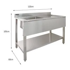KuKoo Commercial Sink & Pre-Rinse Tap - Right Hand Drainer, 6ft Stainless Steel Catering Bench, 2 X Wall Mounted Shelves With Extra Pre-Rinse Commercial Tap -Parasol Shop 25003 04