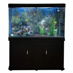 MonsterShop Aquarium Fish Tank & Cabinet With Complete Starter Kit - Black Tank & Natural Gravel