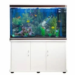 MonsterShop Aquarium Fish Tank & Cabinet With Complete Starter Kit - White Tank & Black Gravel