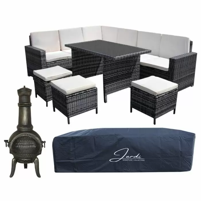 Jardi Jardí Rattan Corner Dining Set Grey & Chimenea 3 Jardi Jardí Rattan Corner Dining Set Grey & Chimenea
