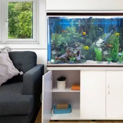 MonsterShop Aquarium Fish Tank & Cabinet With Complete Starter Kit - White Tank & White Gravel -Parasol Shop main image lifestyle cupboard open copy 2 1